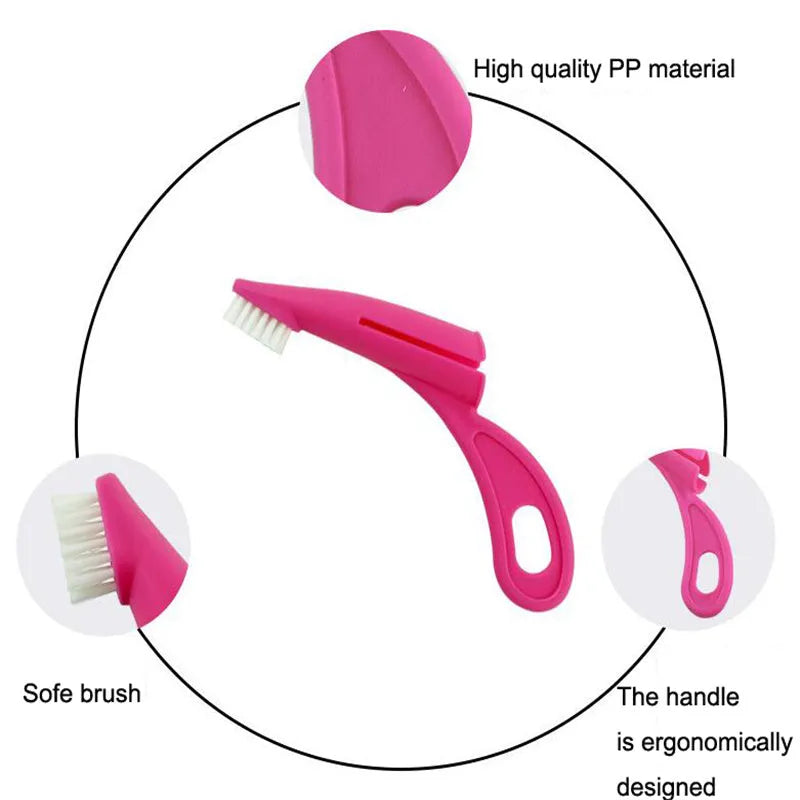 Red and white finger sleeve toothbrush for pet dental cleaning with soft silicone bristles
