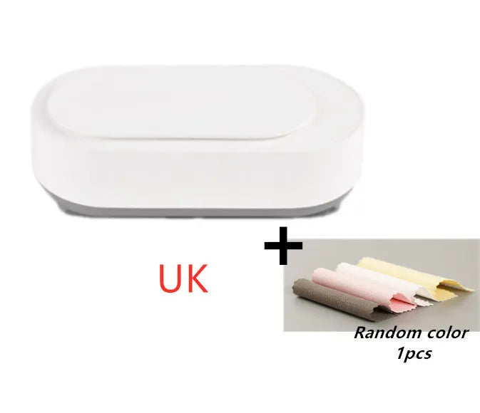White portable ultrasonic cleaning machine with touch button and stainless steel tank.