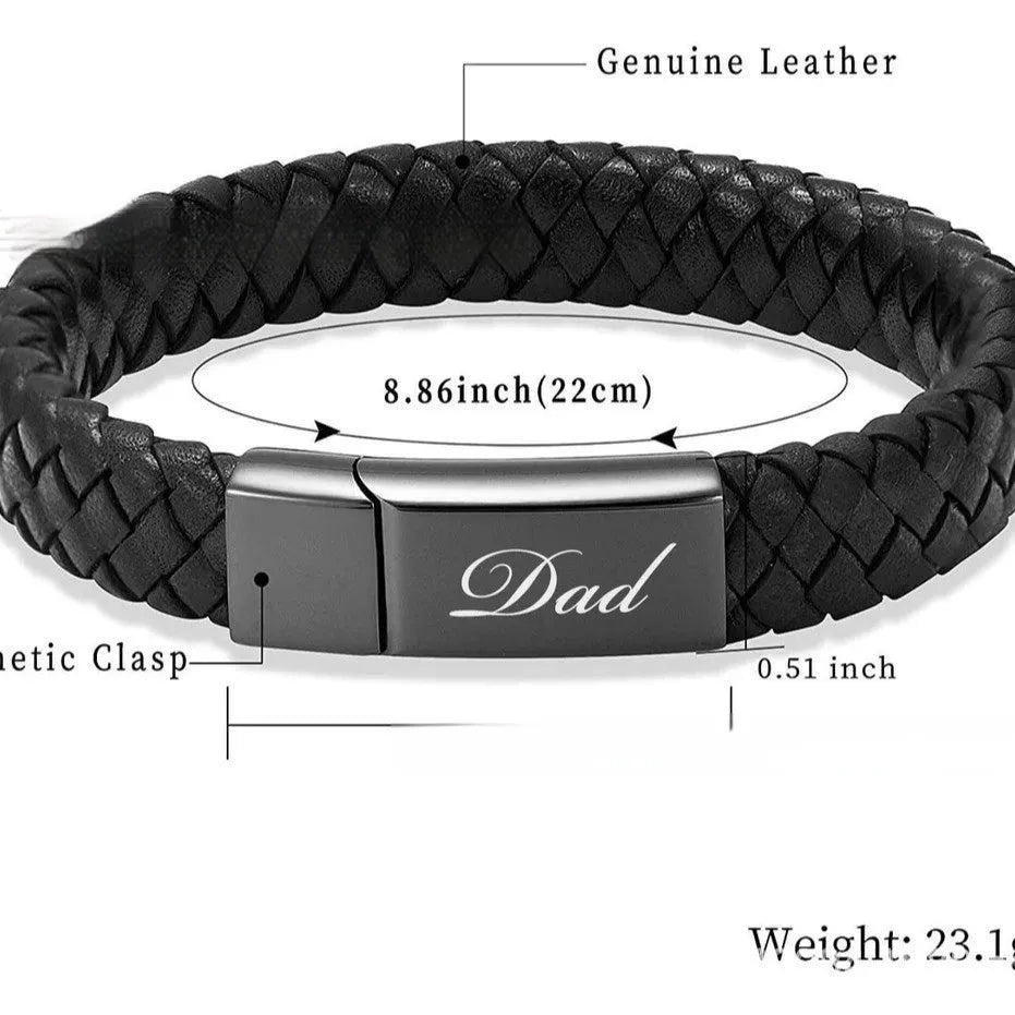 Black leather and stainless steel casket bracelet with weaving texture and English letter engraving