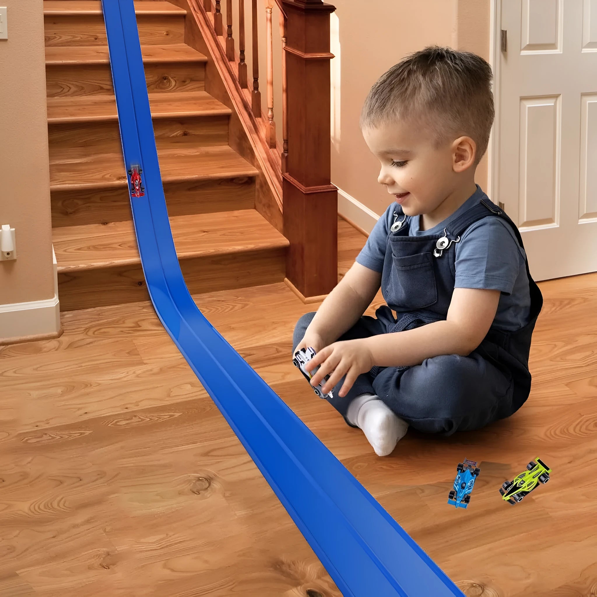 DIY double rail PVC soft track set with anti-gravity magnetic assembly, blue option, includes two random colour cars, 1100g