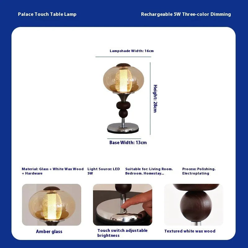 Zhonggu solid wood rechargeable palace table lamp with touch switch, 16x28cm, three colour dimmable light, retro style