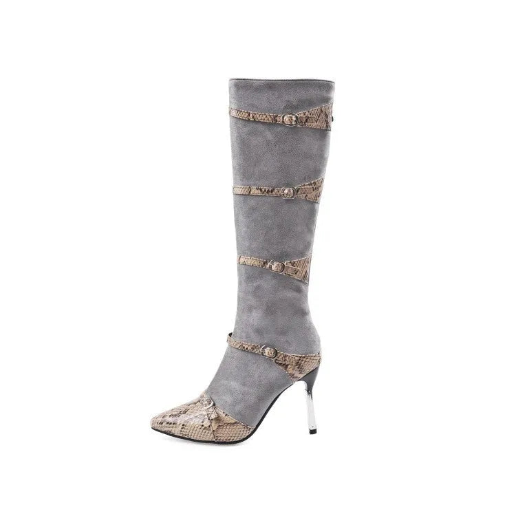 Grey and black women's knee-high stiletto heel boots with a velvet lining.