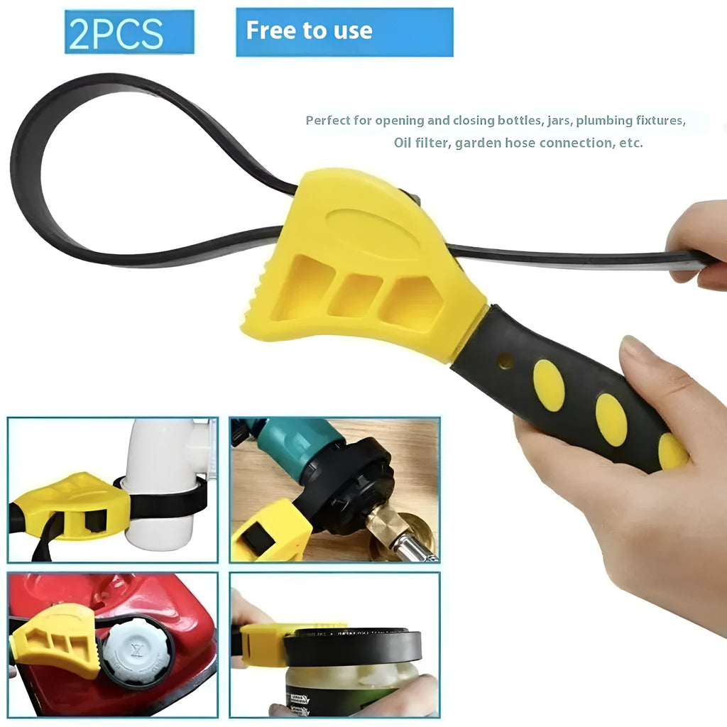 Two adjustable rubber strap wrenches, a 6-inch and an 8-inch model, with phosphated steel handles on a workbench.