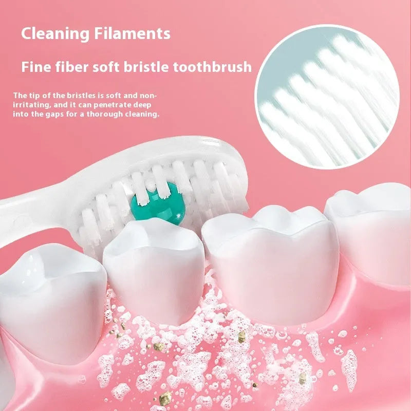 Box of disposable bead toothbrushes showing mint, peach, and plum green tea flavour options.