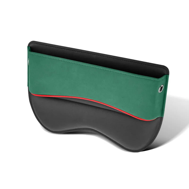 Leather car seat storage organiser box in beige colour on a car passenger seat.