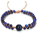Handmade woven geometric bracelet with blue Tigereye beads and an adjustable pull fastening.