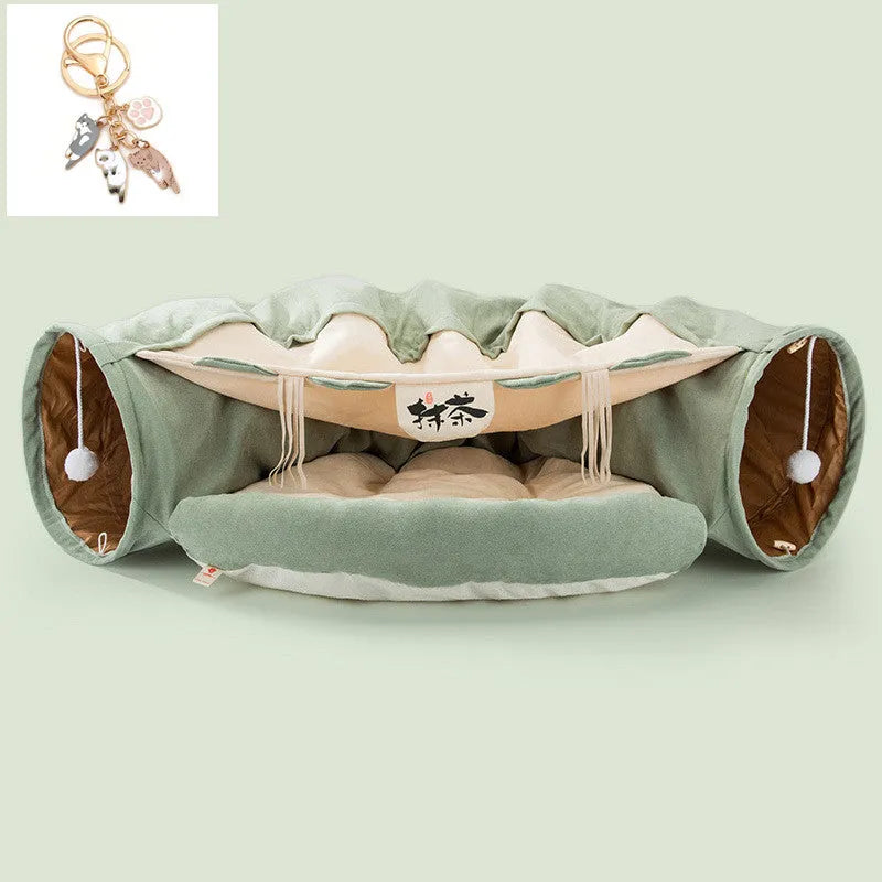 Collapsible cloth cat tunnel toy shown in one of four colours: bar, coffee, matcha, or pink
