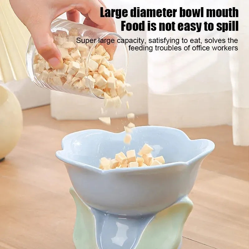 Blue floral ceramic raised pet feeding bowl with non-slip base for cats and small dogs