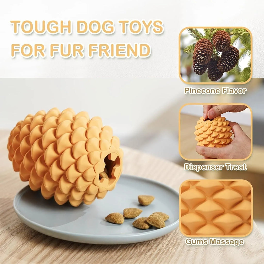 Yellow natural rubber pine cone dog toy with treat dispenser for medium to large breed dogs