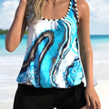 Blue tie-dye floral print women's swimsuit with split design and matching shorts