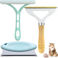 Three-piece pet hair remover set with metal lint shaver, silicone brushes, and round carpet scraper