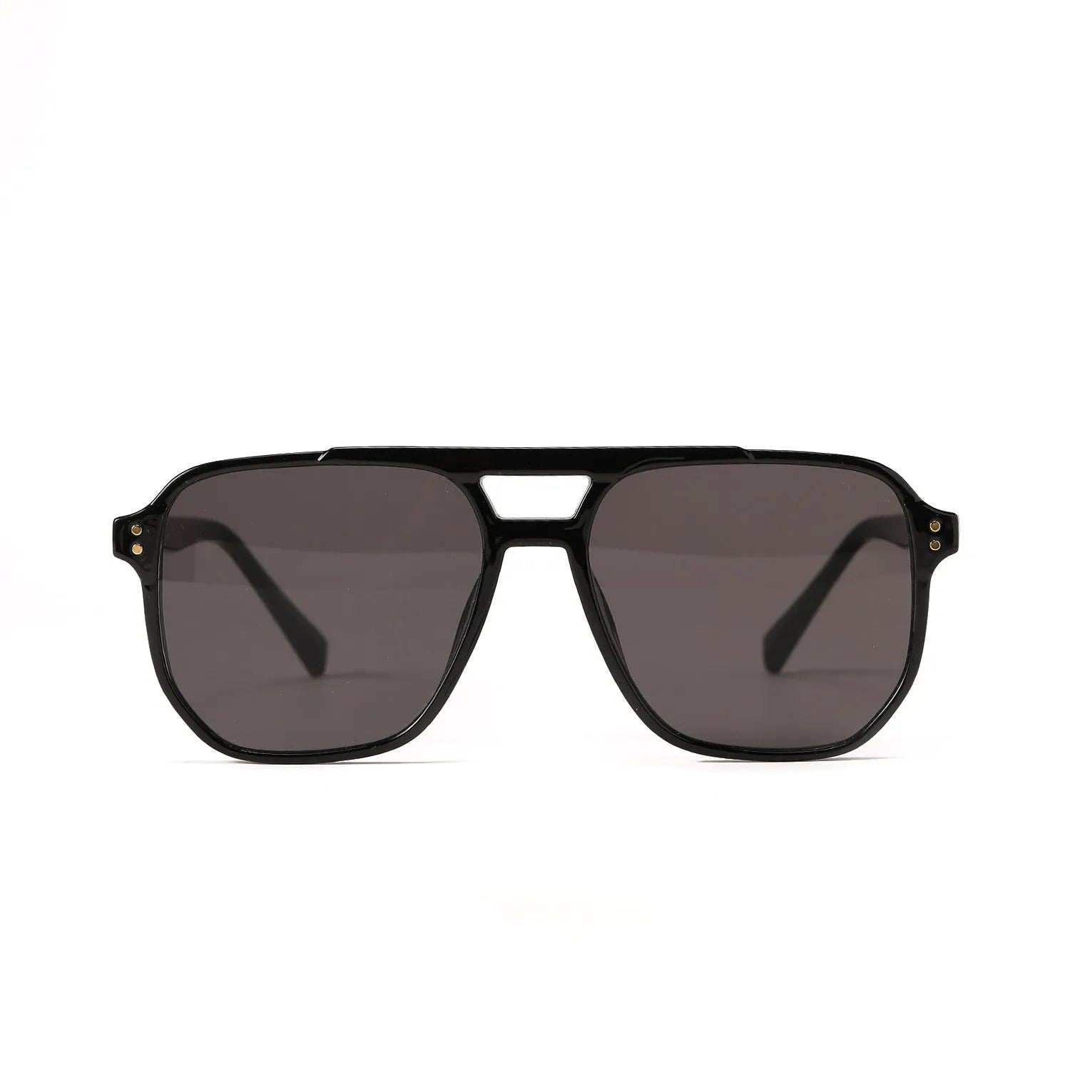 Square double beam fashion sunglasses for women in bright black all grey colour with UV400 protection.
