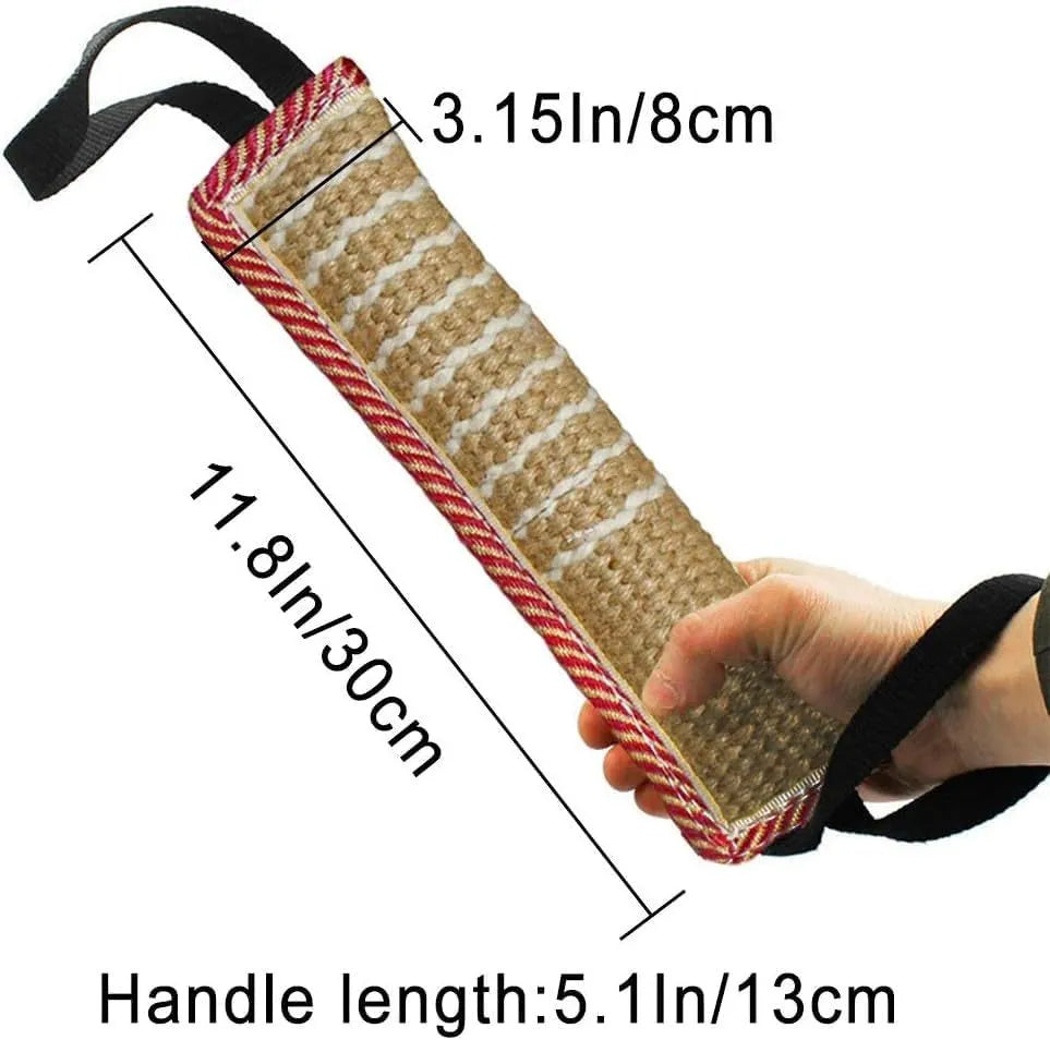 Beige jute dog tug toy with two handles on a white background.