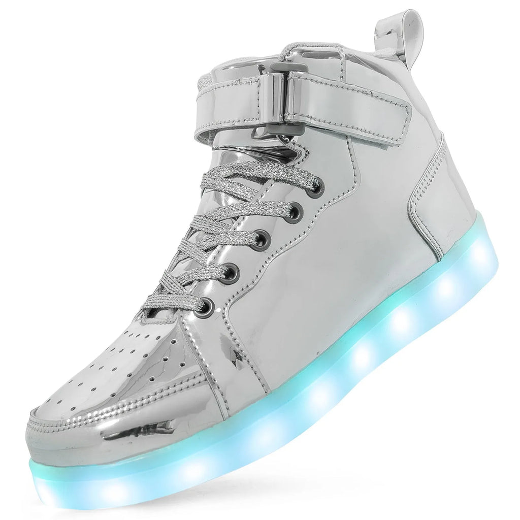LED high-top board shoes in black, gold and white colours with Velcro fastening and rubber soles