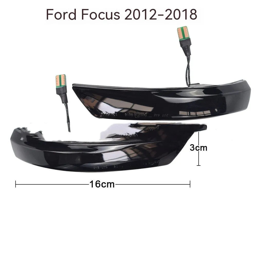 Pair of Ford Focus and Mondeo rearview mirror waterfall lights in ABS housing, showing yellow and two-tone LED options.