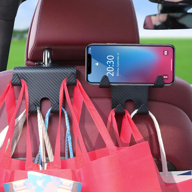 Black car multifunction hook bracket with integrated phone holder for rear seat storage