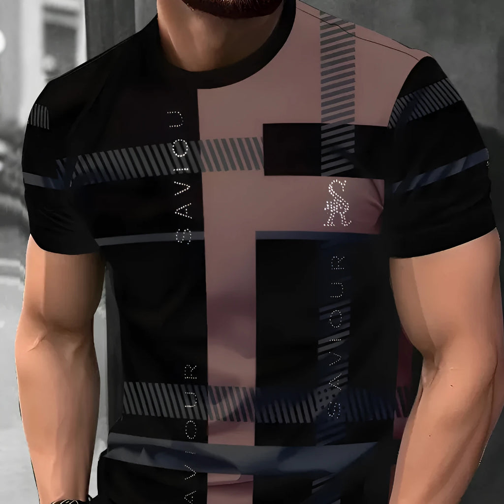 Men's loose fit short sleeve T-shirt with a striped 3D digital print design in a casual style.