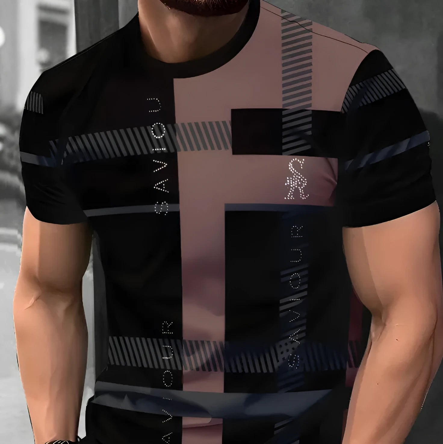 Men's loose fit short sleeve T-shirt with a striped 3D digital print design in a casual style.