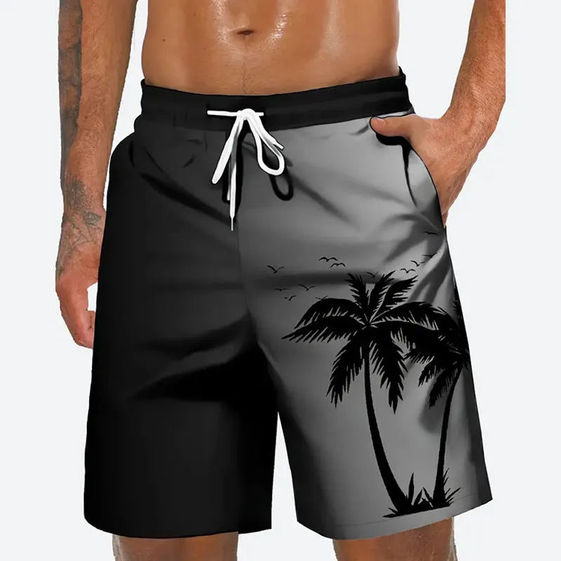 Man wearing loose blue polyester beach shorts on sand, showing relaxed fit and casual style.