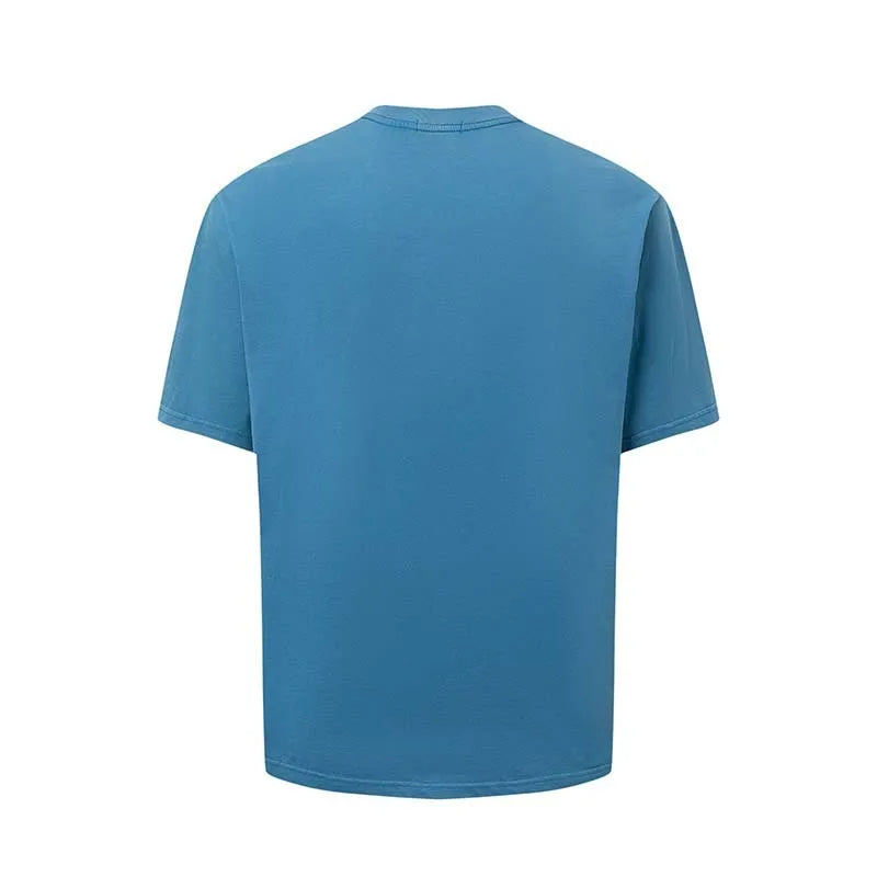 Men's blue American retro letter print cotton blend T-shirt with round neck and loose fit