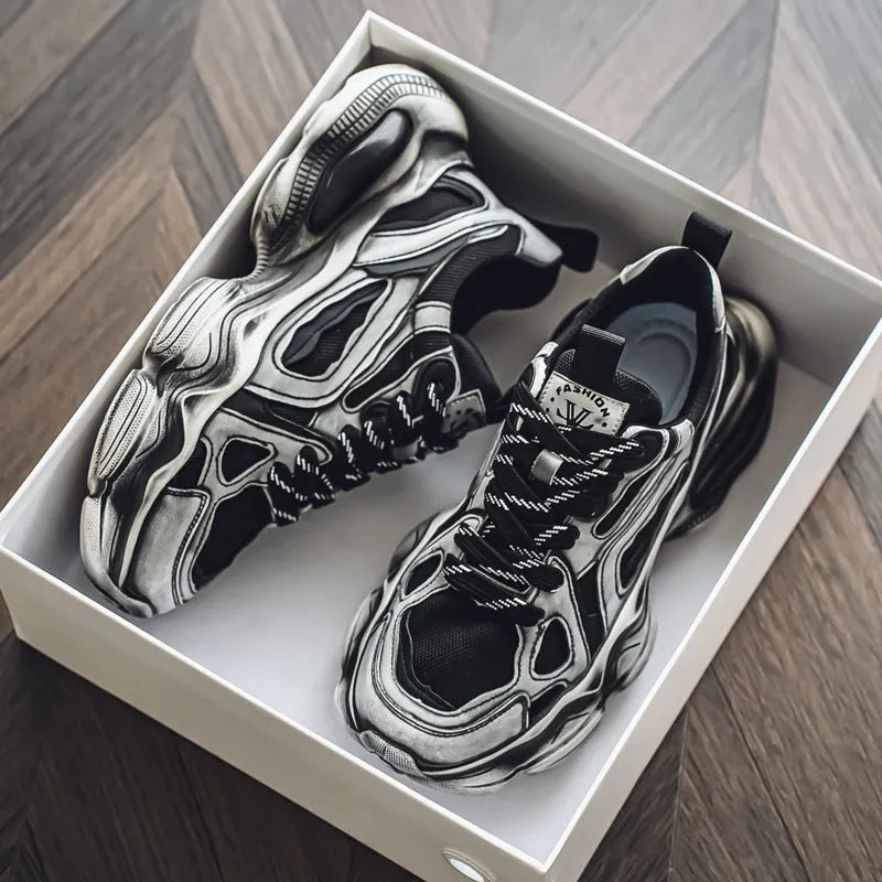 Men's black mesh sneakers with platform soles and cross strap design