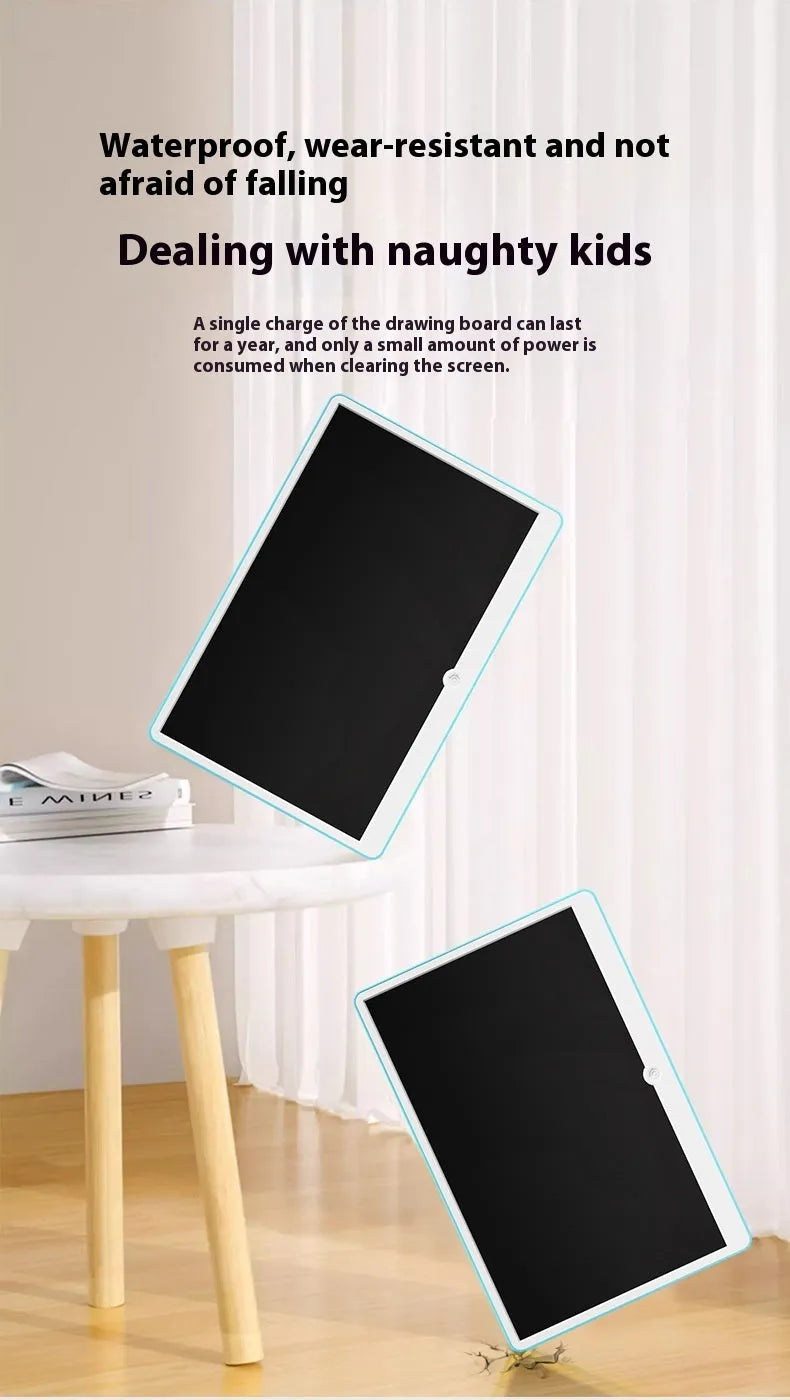 19-inch LCD drawing board for children in blue and white colour with attached stylus on screen.