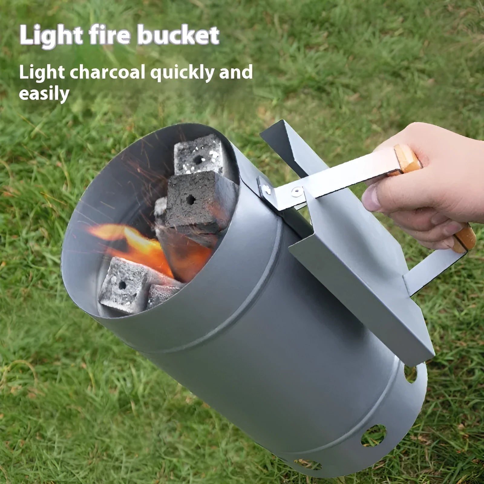 Zinc-iron alloy charcoal fire starter bucket with oven igniter for outdoor barbecues.