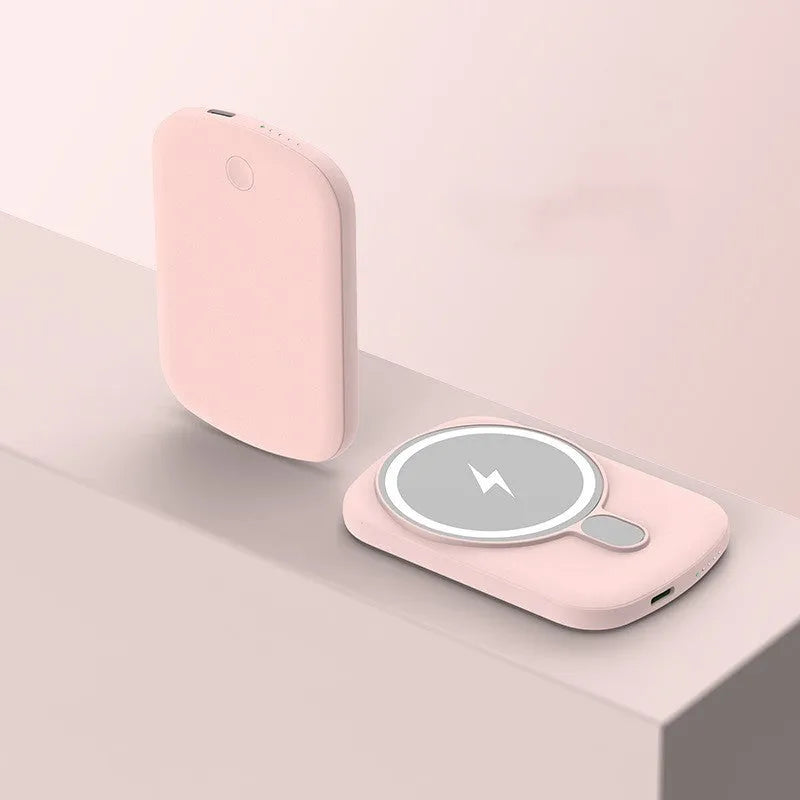 Magsafe magnetic wireless power bank in four colours with iPhone charging demonstration