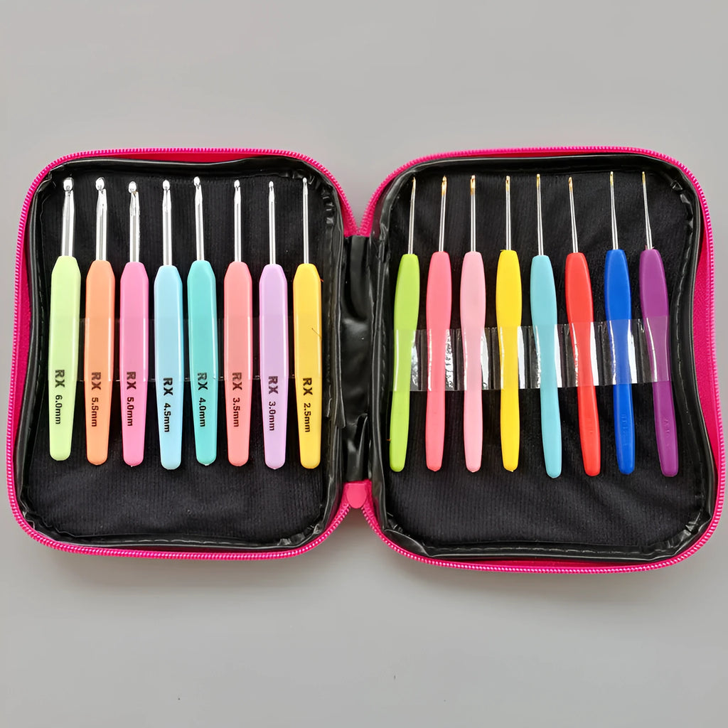 16-piece crochet hook set showing thick ABS handles and thin polyethylene handles with storage bag
