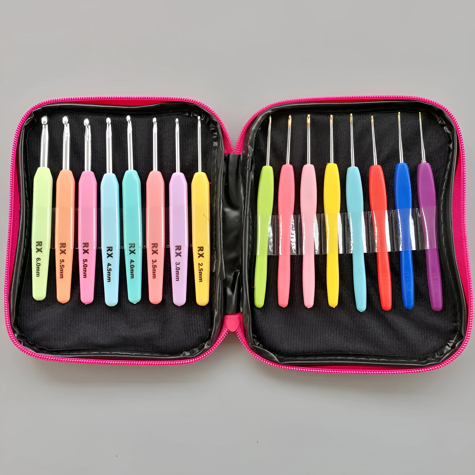 16-piece crochet hook set showing thick ABS handles and thin polyethylene handles with storage bag