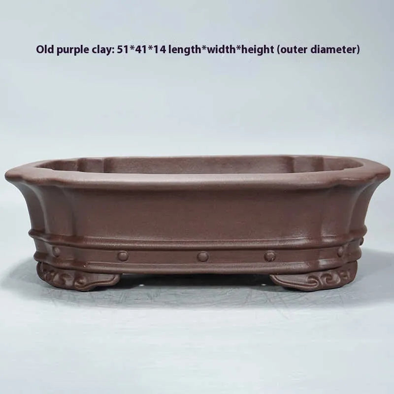 Purple sand handmade rectangular begonia flower pot on a tabletop.