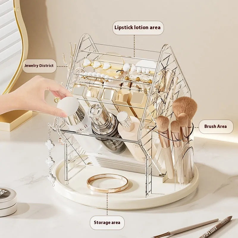 Rotating cosmetics storage box in clear and amber gold plastic with 360-degree rotation