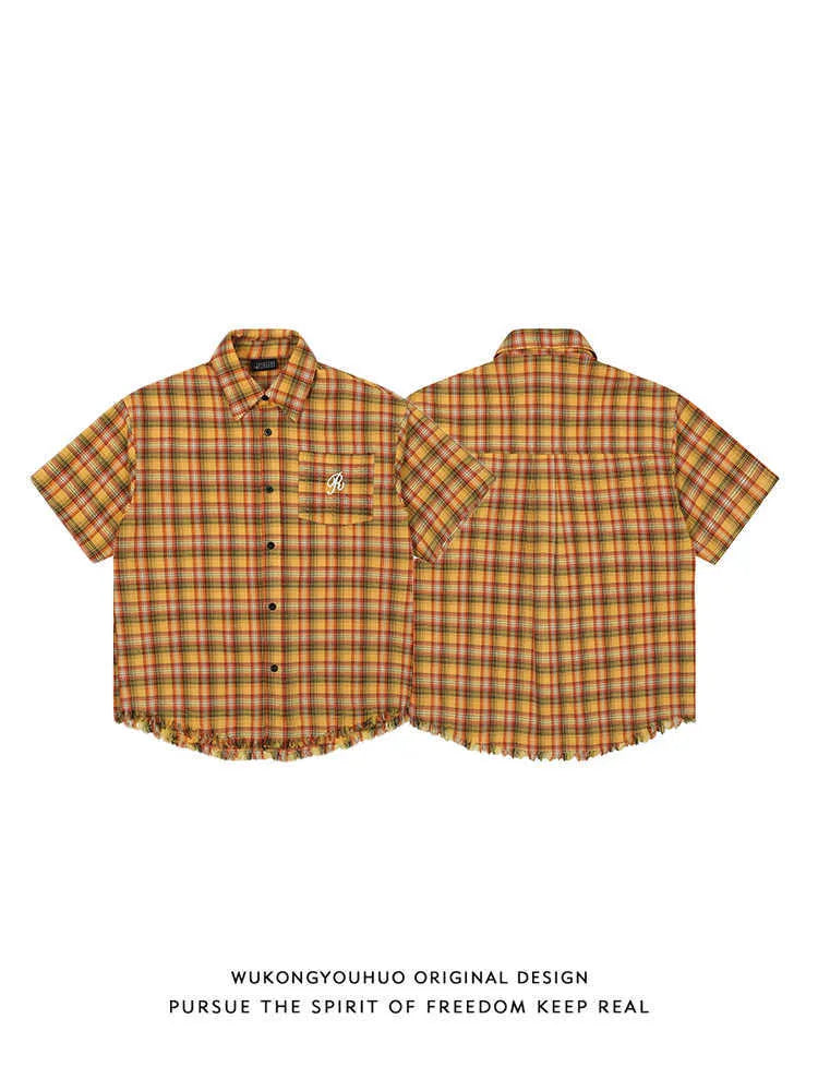Yellow grid pattern plaid short sleeve shirt with embroidered pocket and loose fit