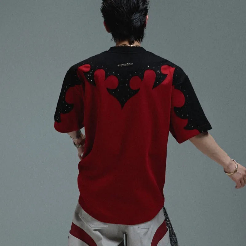 Men's grey cotton shirt with three-dimensional stitching and burnt flower rhinestone decoration on front