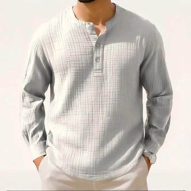 Cotton and linen long sleeve shirt round neck slim fit in solid colour for teenagers