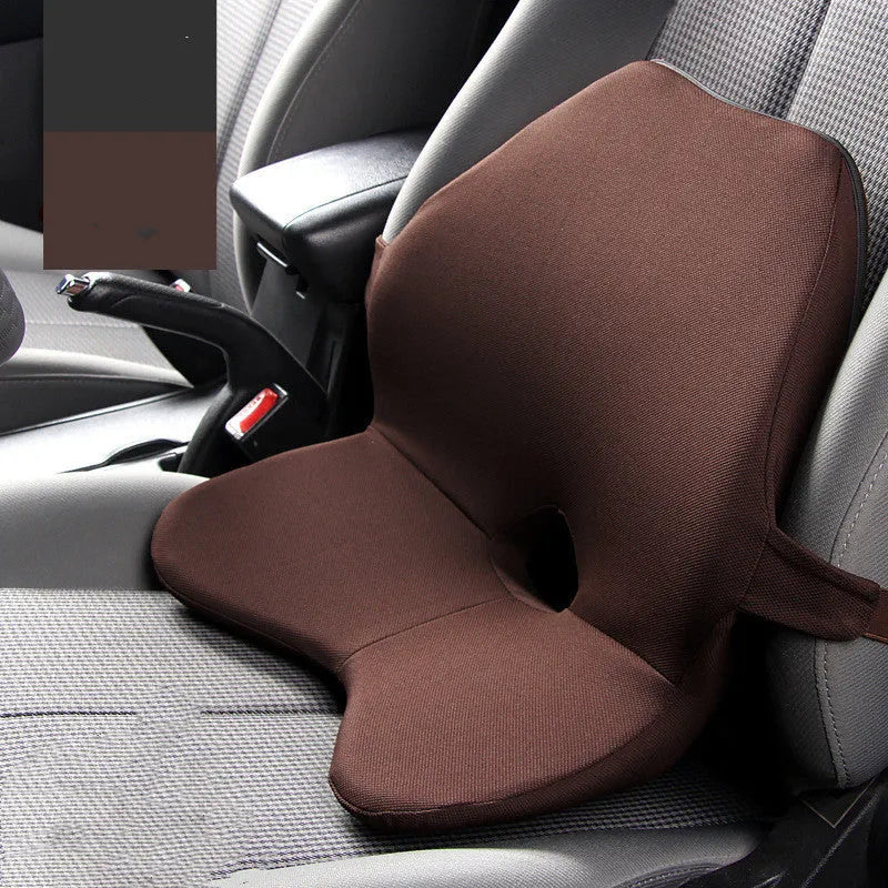 Memory cotton car seat lumbar support cushion and headrest set in beige colour with a simple pattern polyester cover.