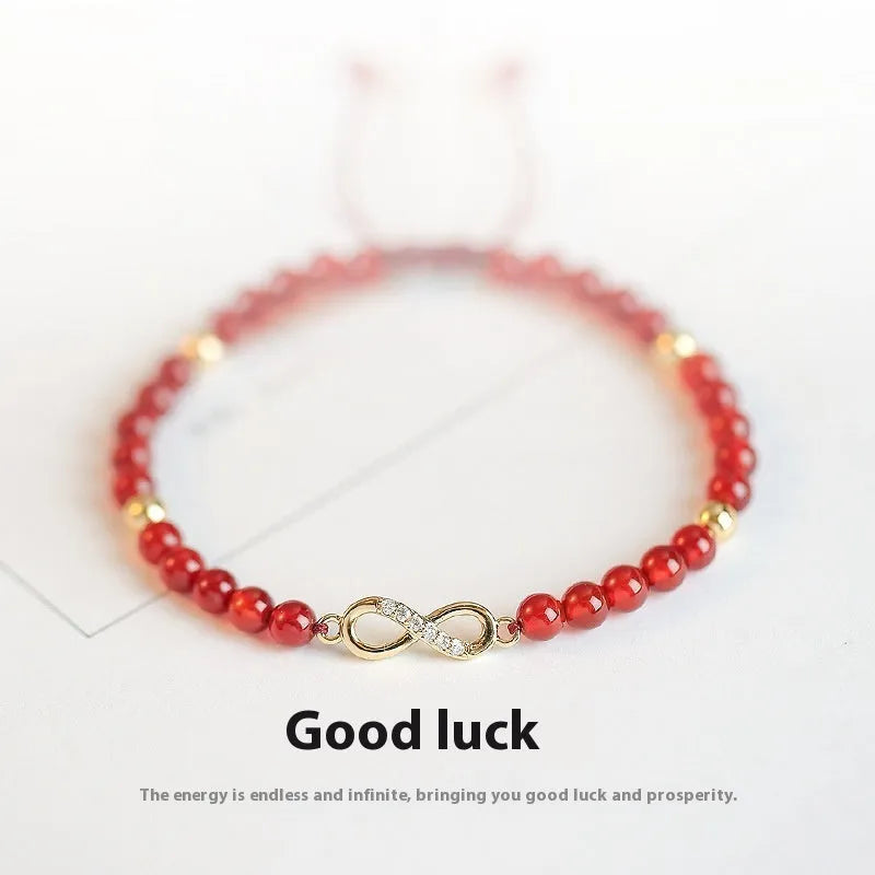 Natural red agate diamond beads hand-woven bracelet unisex ethnic style with lucky bag charm