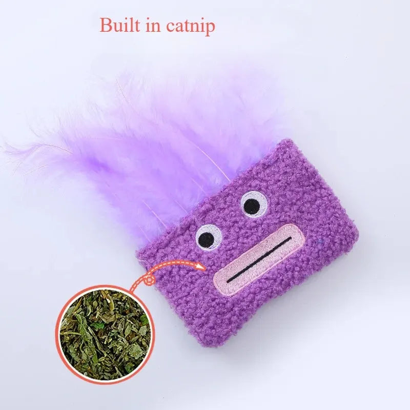 Big mouth explosion head shaped catnip plush toy in blue, green, orange, and purple colours
