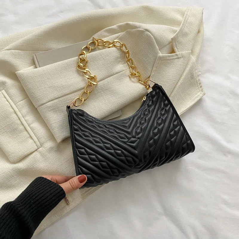 Pleated chain strap baguette shoulder bag in vertical square shape with soft PU leather exterior
