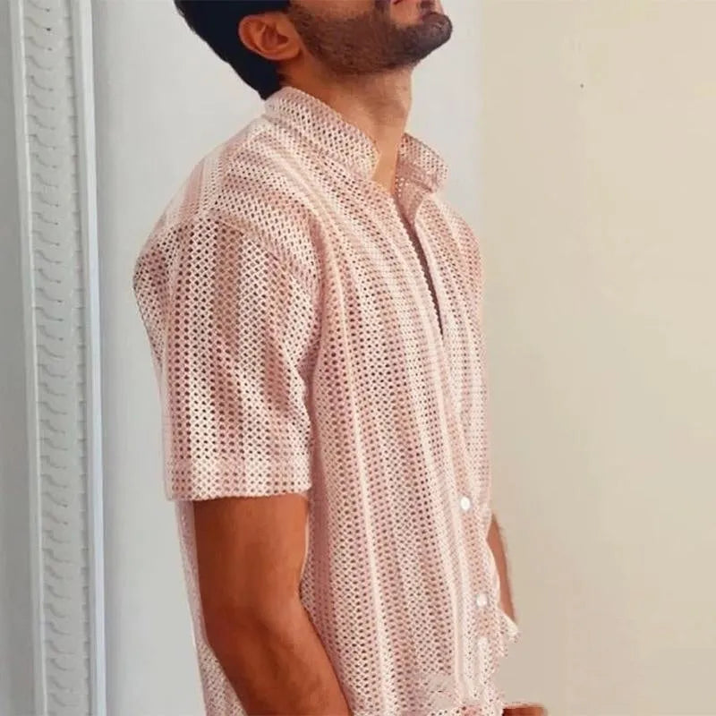 Men's pink waffle knit loose cardigan shirt with short sleeves for summer casual wear