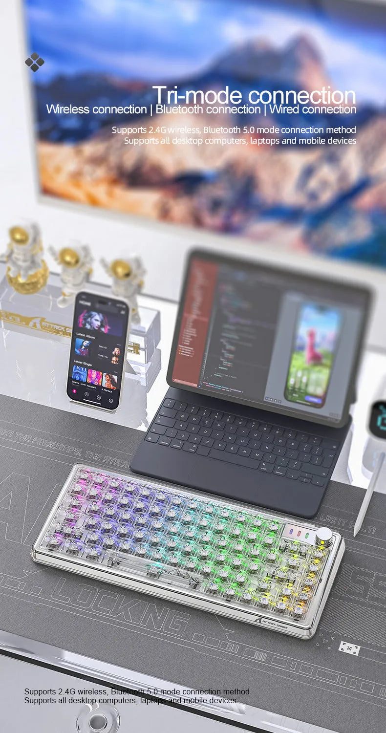 Attack Shark K75 RGB wireless mechanical keyboard with transparent housing showing internal components and RGB lighting