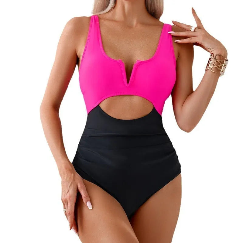 Women's one-piece contrast color swimsuit in nylon, shown in green, available in S M L XL