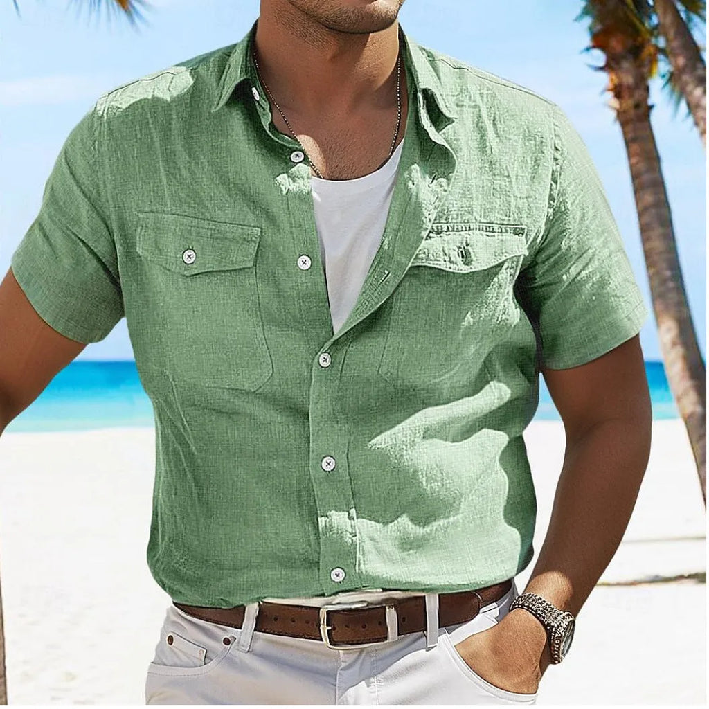 Men's cotton linen shirt in loose fit with polo collar, shown in solid colour options