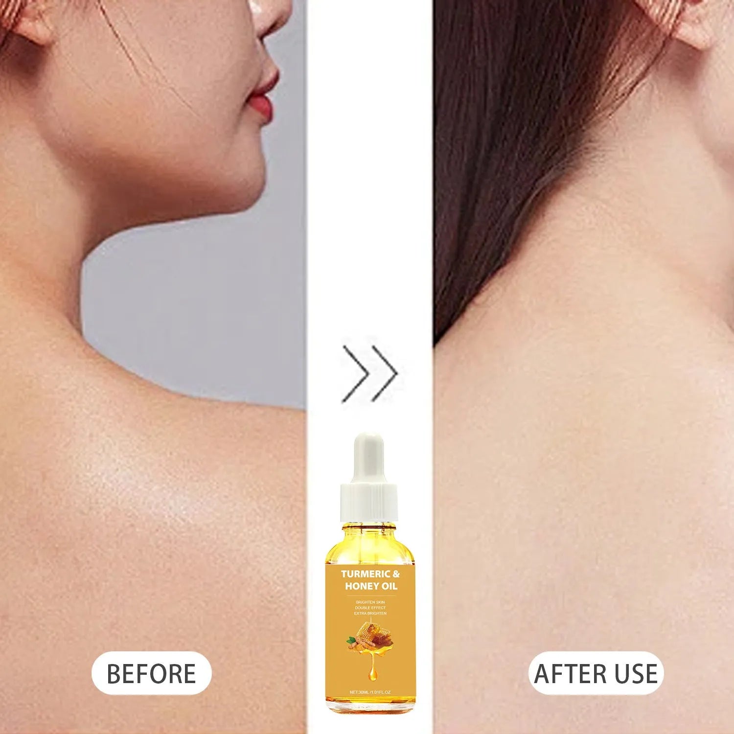 30ml bottle of turmeric honey essential oil in neutral packaging for facial beauty