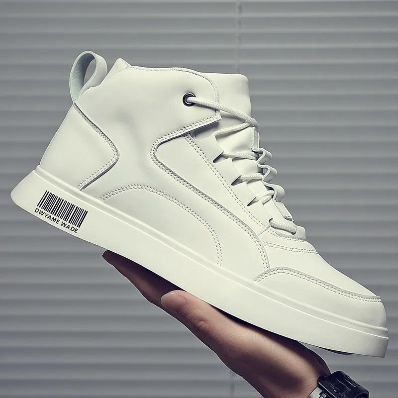 Men's white mid-top casual sports shoes with lace-up front and flat rubber sole.