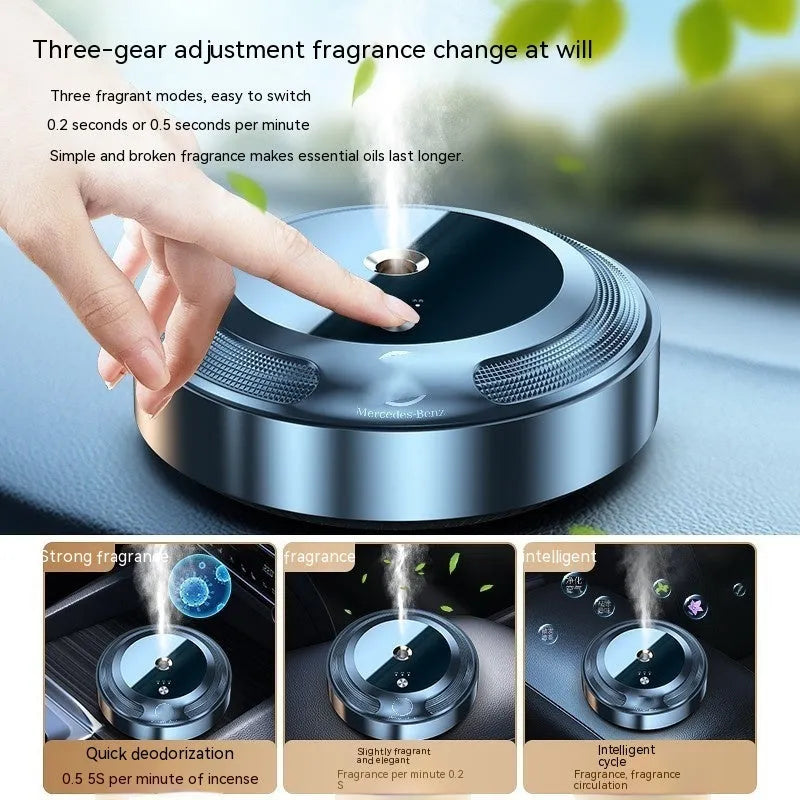Automatic car air freshener diffuser with zinc alloy shell and three fragrance bottles.