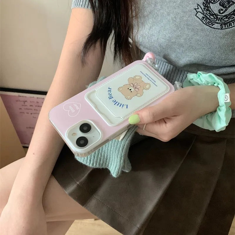 Pink bear TPU card holder lanyard phone case for iPhone 11 to 15 Pro Max with detachable strap