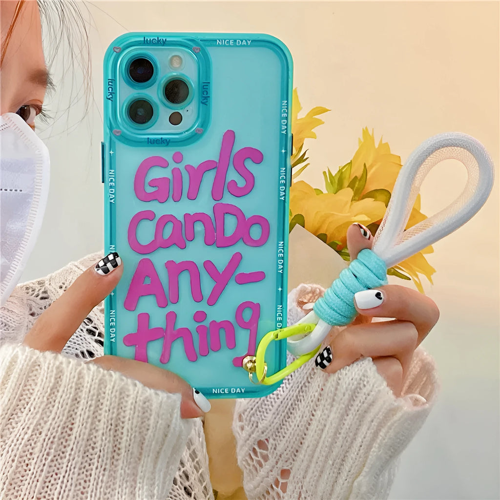 Mint green graffiti TPU phone case with lanyard showing blue-haired girl eating bread design for Apple iPhone