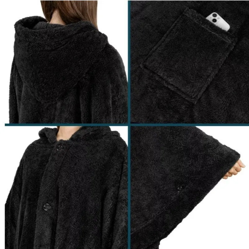 A super thick hooded bathrobe for adults in a free size, shown in black, dark grey, or pink.