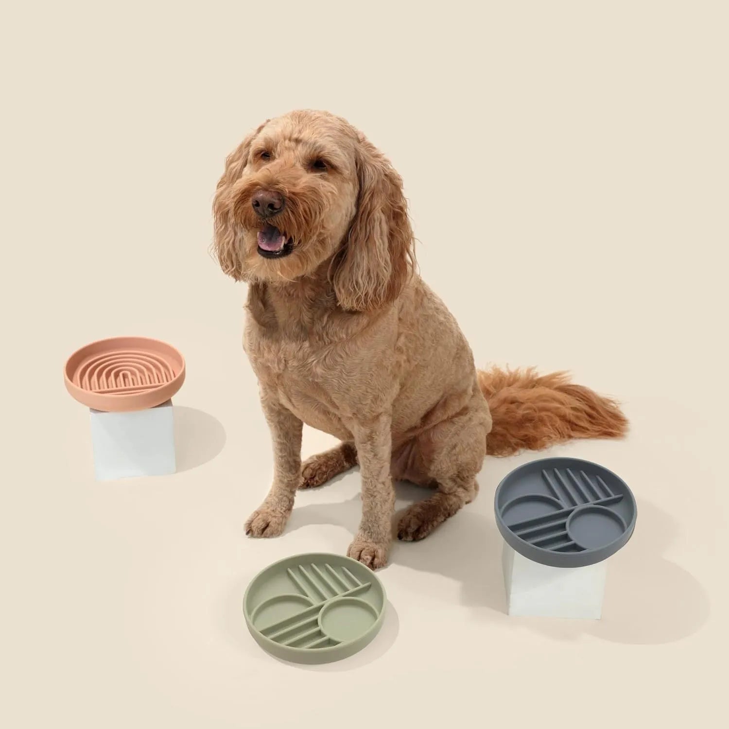 Silicone dog slow feeder bowl with ridge design in various colours on a kitchen counter.